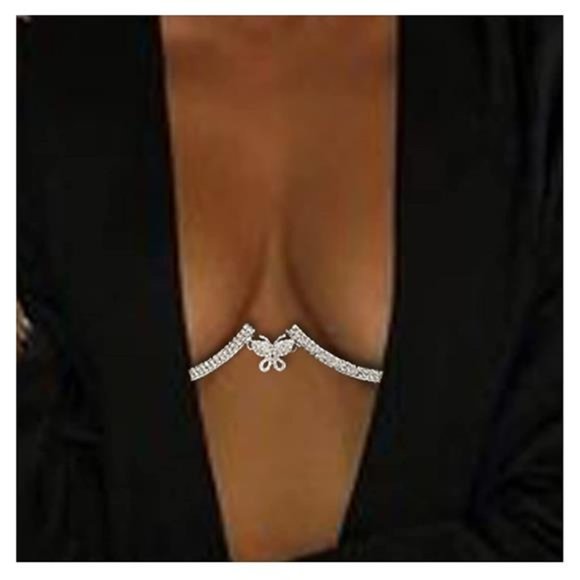 Womens Rhinestone Chest Bracket Chain Trendy Crystal Butterfly Harness Chest Bra - Picture 1 of 6